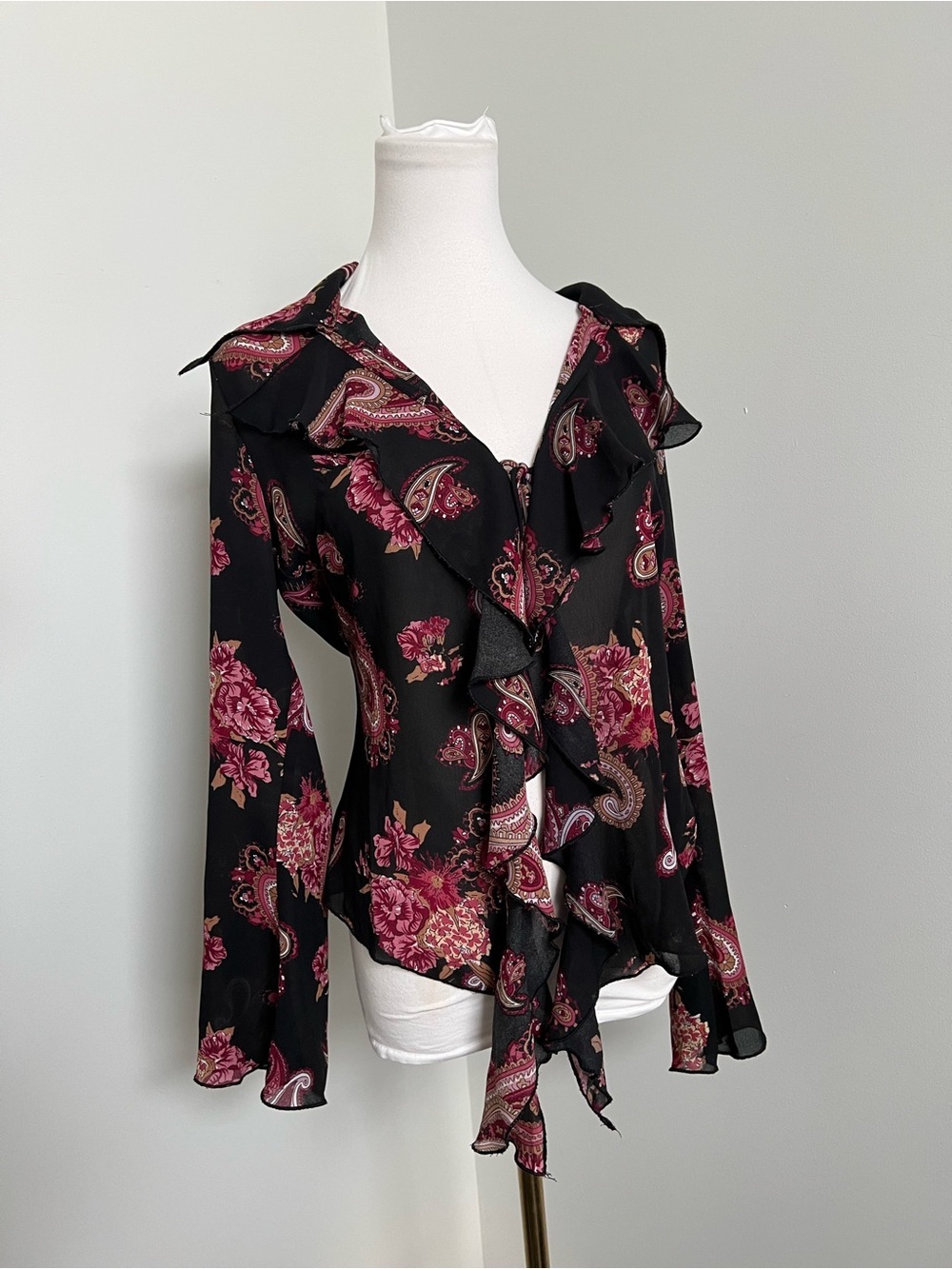 Sheer Floral Paisley Ruffle Blouse Boho Bell Sleeve Top Black Pink S/M - Picture 2 of 5